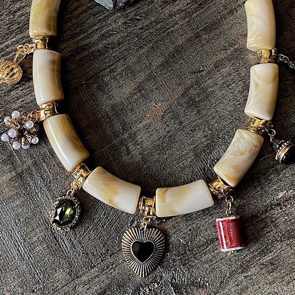 NEW Gold & Cream Beaded Statement Necklace - Picture 1 of 8